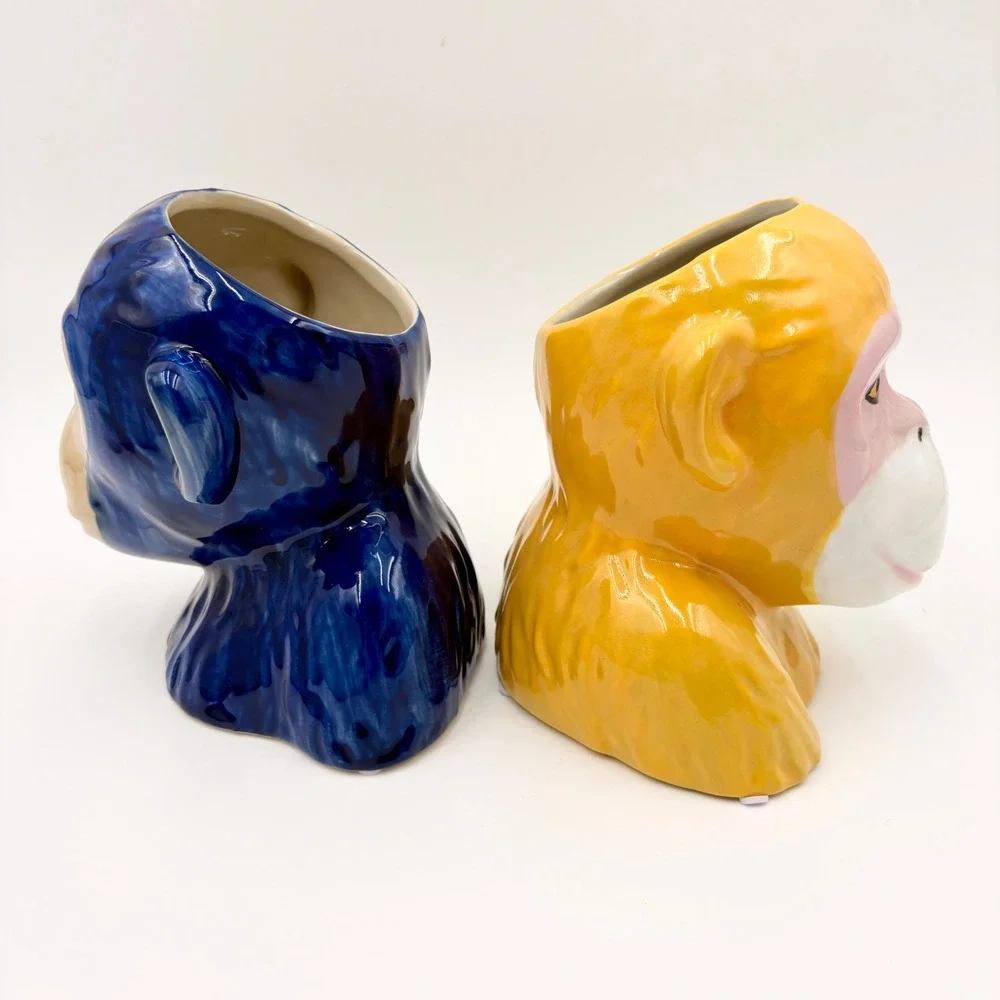 Ceramic Monkey Bust Planter Vase Set Blue‎ and Yellow Glossy Glaze Primate Decor
